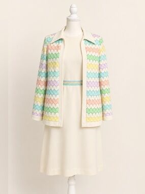 Montgomery Ward • Vintage 1970s Pastel Chevron Dress & Jacket Set • Est. size M